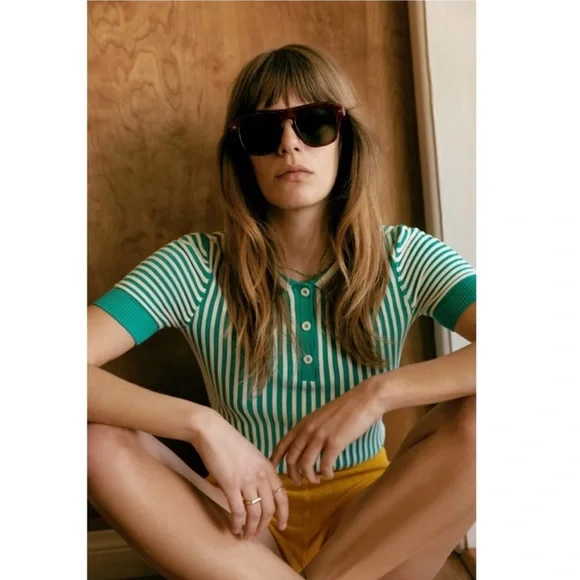 Zara Striped Rib Knit Polo Green Womens Stretch Collared